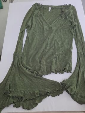 Anthropologie Olive Green V-Neck Ruffle Hem Long Sleeve Top